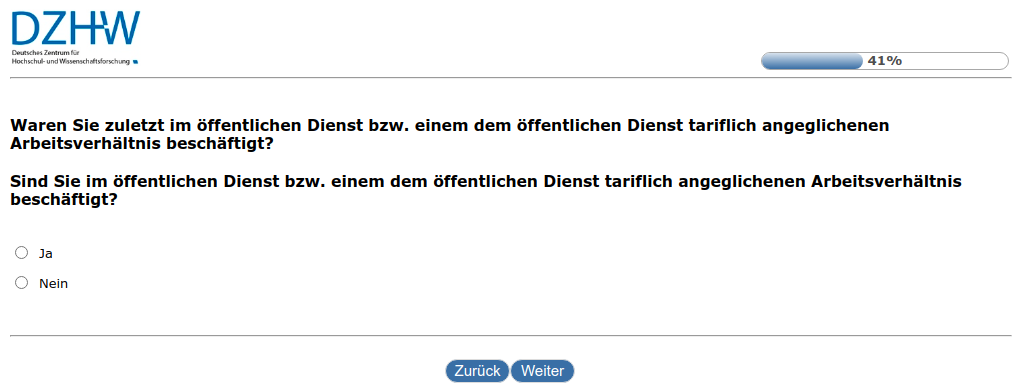 Waren Sie zuletzt im öffentlichen Dienst bzw. einem dem öffentlichen Dienst tariflich angeglichenen Arbeitsverhältnis beschäftigt?,Sind Sie im öffentlichen Dienst bzw. einem dem öffentlichen Dienst tariflich angeglichenen Arbeitsverhältnis beschäftigt?