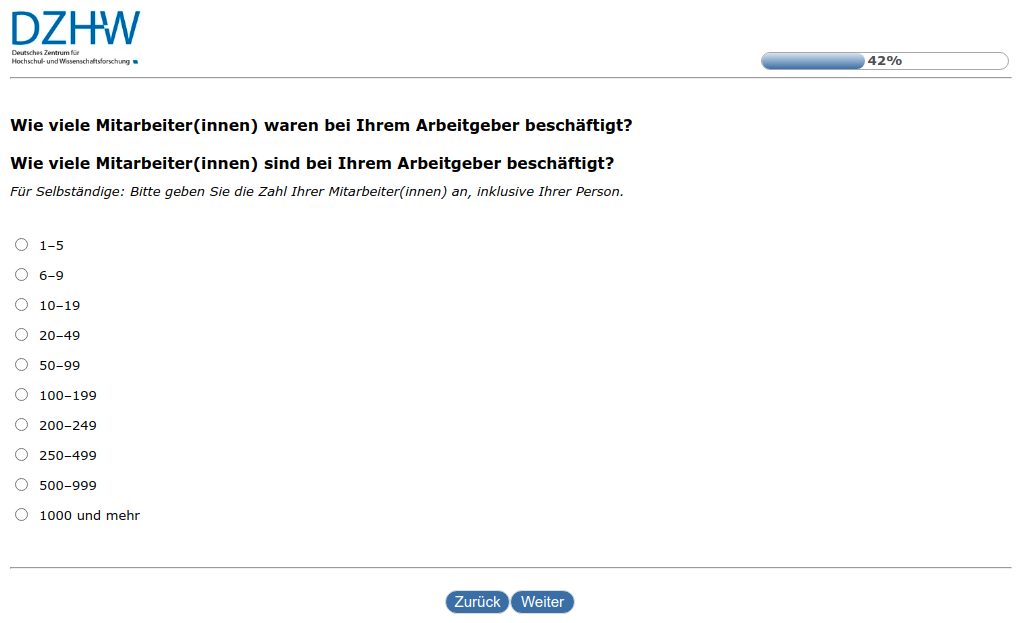 Wie viele Mitarbeiter(innen) waren bei Ihrem Arbeitgeber beschäftigt?,Wie viele Mitarbeiter(innen) sind bei Ihrem Arbeitgeber beschäftigt?