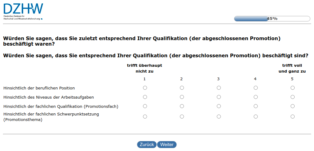 Würden Sie sagen, dass Sie zuletzt entsprechend Ihrer Qualifikation (der abgeschlossenen Promotion) beschäftigt waren?,Würden Sie sagen, dass Sie entsprechend Ihrer Qualifikation (der abgeschlossenen Promotion) beschäftigt sind?