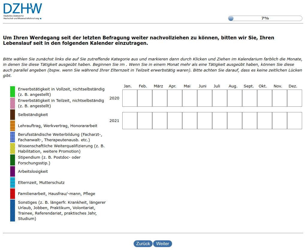 Um Ihren Werdegang seit der letzten Befragung weiter nachvollziehen zu können, bitten wir Sie, Ihren Lebenslauf seit #{zofar.labelOf(PRELOADpre_datum)} in den folgenden Kalender einzutragen.