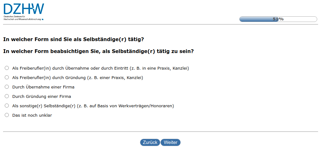 In welcher Form sind Sie als Selbständige(r) tätig?,In welcher Form beabsichtigen Sie, als Selbständige(r) tätig zu sein?