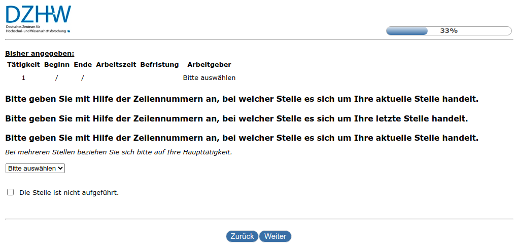 Bitte geben Sie mit Hilfe der Zeilennummern an, bei welcher Stelle es sich um Ihre aktuelle Stelle handelt.,Bitte geben Sie mit Hilfe der Zeilennummern an, bei welcher Stelle es sich um Ihre letzte Stelle handelt.