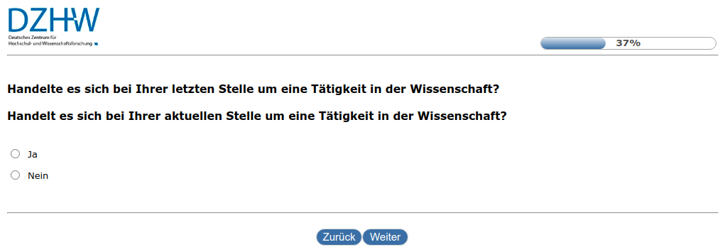 Handelte es sich bei Ihrer letzten Stelle um eine Tätigkeit in der Wissenschaft?,Handelt es sich bei Ihrer aktuellen Stelle um eine Tätigkeit in der Wissenschaft?