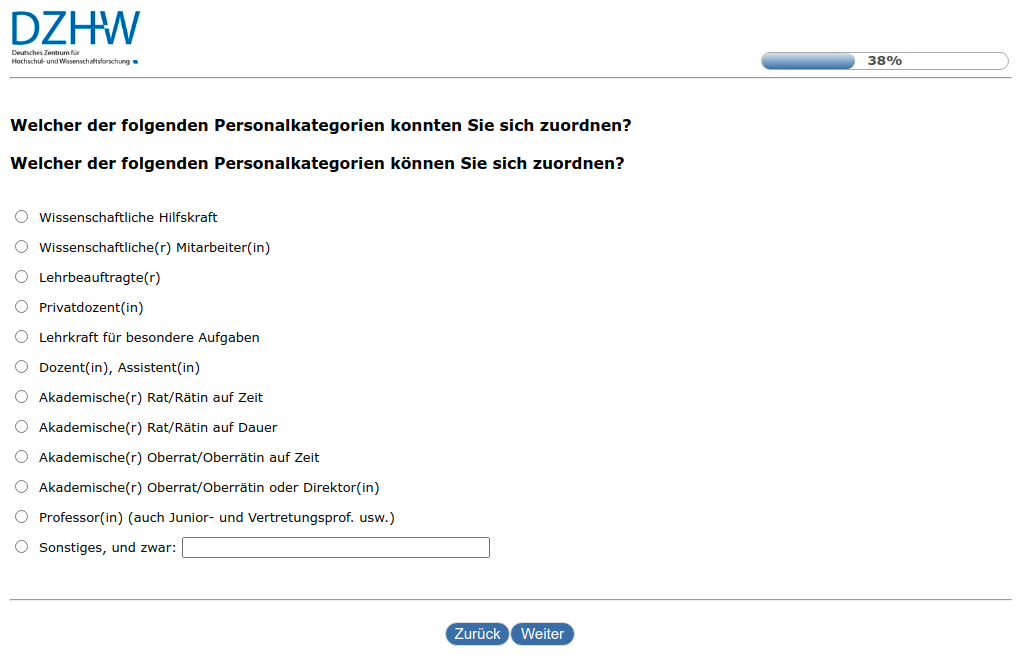 Welcher der folgenden Personalkategorien konnten Sie sich zuordnen?,Welcher der folgenden Personalkategorien können Sie sich zuordnen?