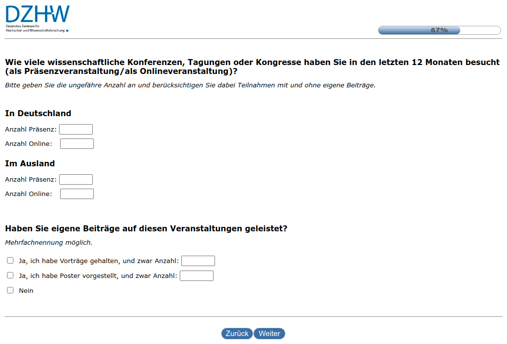 Wie viele wissenschaftliche Konferenzen, Tagungen oder Kongresse haben Sie in den letzten 12 Monaten besucht (als Präsenzveranstaltung/als Onlineveranstaltung)?,In DeutschlandIm AuslandHaben Sie eigene Beiträge auf diesen Veranstaltungen geleistet?