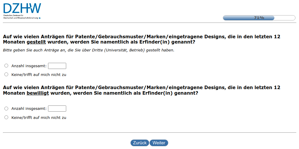 Auf wie vielen Anträgen für Patente/Gebrauchsmuster/Marken/eingetragene Designs, die in den letzten 12 Monaten gestellt wurden, werden Sie namentlich als Erfinder(in) genannt?