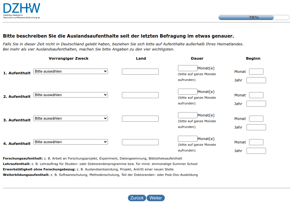 Bitte beschreiben Sie die Auslandsaufenthalte seit der letzten Befragung im #{zofar.labelOf(PRELOADpre_datum)} #{m7gradgwart.value ? '– bzw. Ihren aktuellen Auslandsaufenthalt –':''} etwas genauer.
