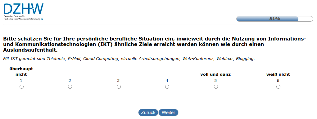 Bitte schätzen Sie für Ihre persönliche berufliche Situation ein, inwieweit durch die Nutzung von Informations- und Kommunikationstechnologien (IKT) ähnliche Ziele erreicht werden können wie durch einen Auslandsaufenthalt.
