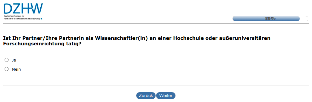 Ist Ihr Partner/Ihre Partnerin als Wissenschaftler(in) an einer Hochschule oder außeruniversitären Forschungseinrichtung tätig?