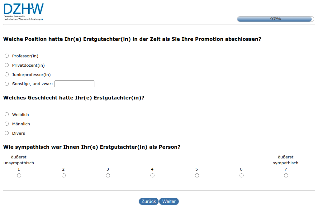 Welche Position hatte Ihr(e) Erstgutachter(in) in der Zeit als Sie Ihre Promotion abschlossen?Welches Geschlecht hatte Ihr(e) Erstgutachter(in)?Wie sympathisch war Ihnen Ihr(e) Erstgutachter(in) als Person?