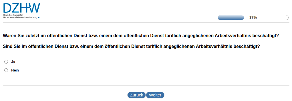 Waren Sie zuletzt im öffentlichen Dienst bzw. einem dem öffentlichen Dienst tariflich angeglichenen Arbeitsverhältnis beschäftigt?,Sind Sie im öffentlichen Dienst bzw. einem dem öffentlichen Dienst tariflich angeglichenen Arbeitsverhältnis beschäftigt?