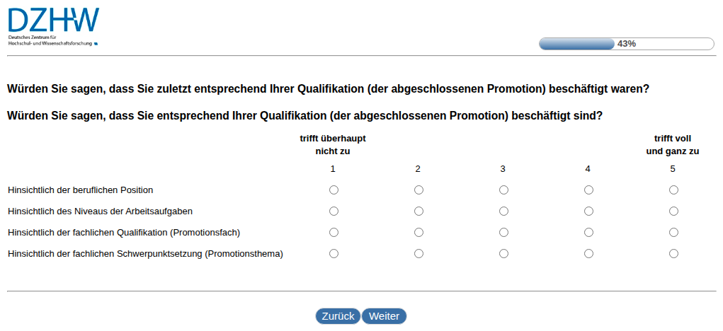 Würden Sie sagen, dass Sie zuletzt entsprechend Ihrer Qualifikation (der abgeschlossenen Promotion) beschäftigt waren?,Würden Sie sagen, dass Sie entsprechend Ihrer Qualifikation (der abgeschlossenen Promotion) beschäftigt sind?