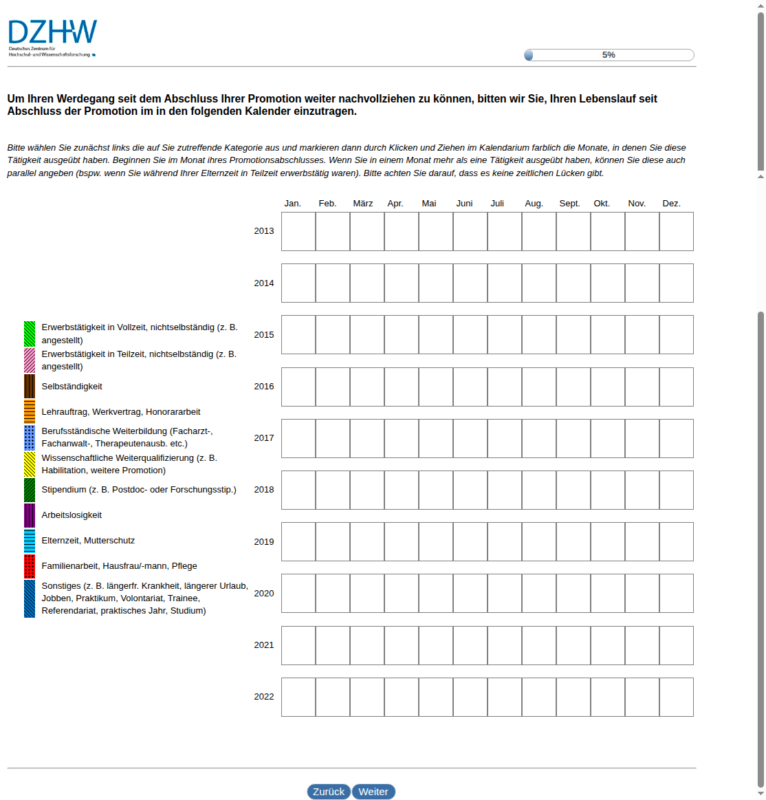 Um Ihren Werdegang seit dem Abschluss Ihrer Promotion weiter nachvollziehen zu können, bitten wir Sie, Ihren Lebenslauf seit Abschluss der Promotion im #{zofar.labelOf(PRELOADpre_datum)} in den folgenden Kalender einzutragen.