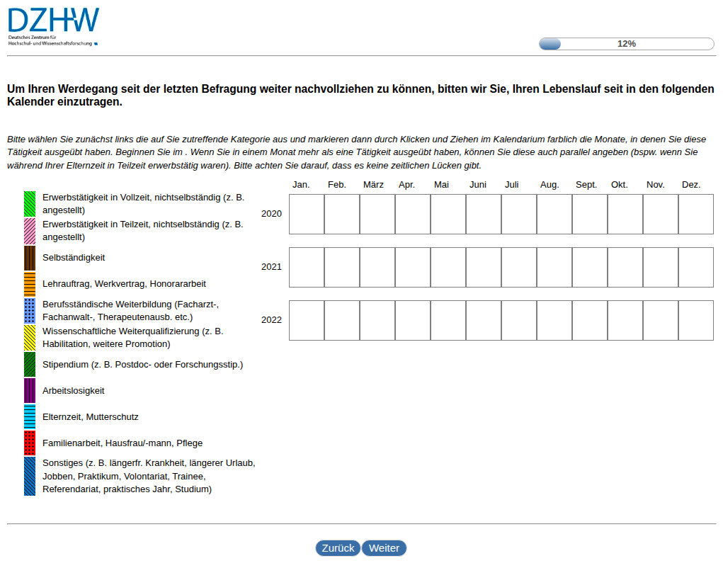 Um Ihren Werdegang seit dem Abschluss Ihrer Promotion weiter nachvollziehen zu können, bitten wir Sie, Ihren Lebenslauf seit Abschluss der Promotion im #{zofar.labelOf(PRELOADpre_datum)} in den folgenden Kalender einzutragen.