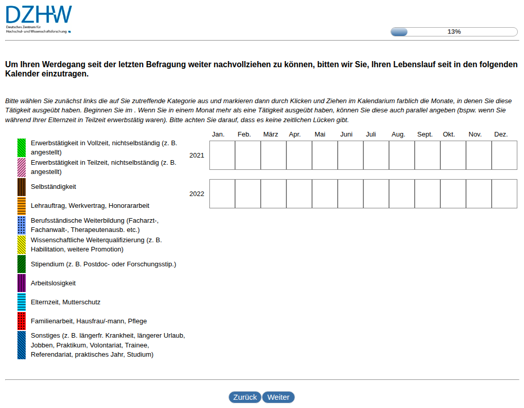 Um Ihren Werdegang seit dem Abschluss Ihrer Promotion weiter nachvollziehen zu können, bitten wir Sie, Ihren Lebenslauf seit Abschluss der Promotion im #{zofar.labelOf(PRELOADpre_datum)} in den folgenden Kalender einzutragen.