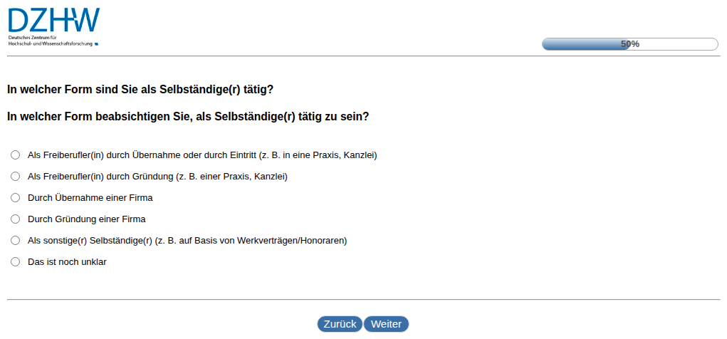 In welcher Form sind Sie als Selbständige(r) tätig?,In welcher Form beabsichtigen Sie, als Selbständige(r) tätig zu sein?