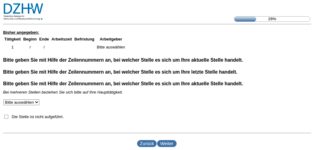 Bitte geben Sie mit Hilfe der Zeilennummern an, bei welcher Stelle es sich um Ihre aktuelle Stelle handelt.,Bitte geben Sie mit Hilfe der Zeilennummern an, bei welcher Stelle es sich um Ihre letzte Stelle handelt.