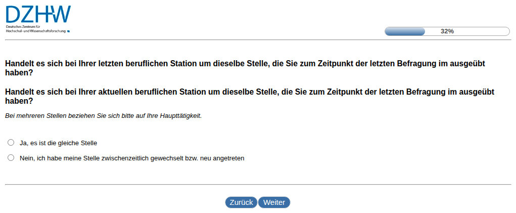 Handelt es sich bei Ihrer letzten beruflichen Station um dieselbe Stelle, die Sie zum Zeitpunkt der letzten Befragung im #{zofar.labelOf(PRELOADpre_datum)} ausgeübt haben?,Handelt es sich bei Ihrer aktuellen beruflichen Station um dieselbe Stelle, die Sie zum Zeitpunkt der letzten Befragung im #{zofar.labelOf(PRELOADpre_datum)} ausgeübt haben?