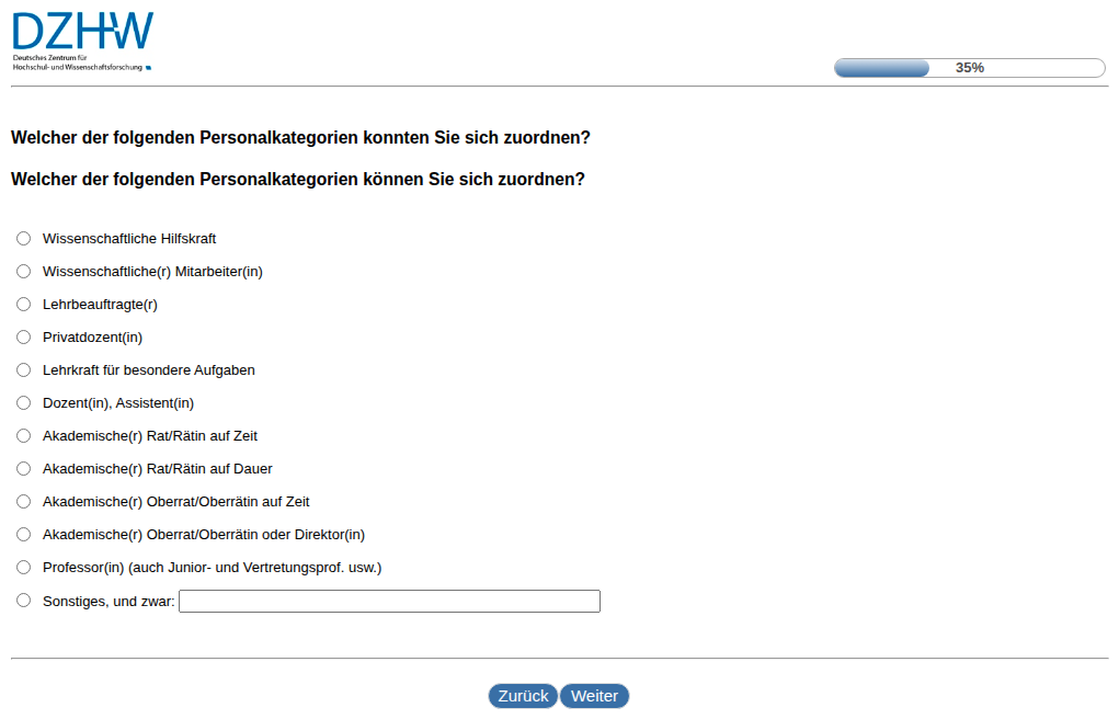 Welcher der folgenden Personalkategorien konnten Sie sich zuordnen?,Welcher der folgenden Personalkategorien können Sie sich zuordnen?