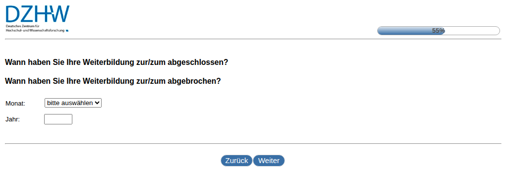 Wann haben Sie Ihre Weiterbildung zur/zum #{zofar.labelOf(PRELOADpre_weitbildarttxt)} abgeschlossen?,Wann haben Sie Ihre Weiterbildung zur/zum #{zofar.labelOf(PRELOADpre_weitbildarttxt)} abgebrochen?