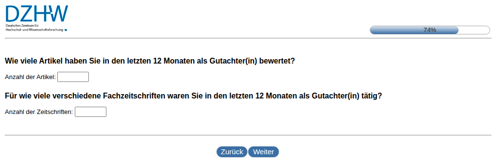 Wie viele Artikel haben Sie in den letzten 12 Monaten als Gutachter(in) bewertet? , Für wie viele verschiedene Fachzeitschriften waren Sie in den letzten 12 Monaten als Gutachter(in) tätig?