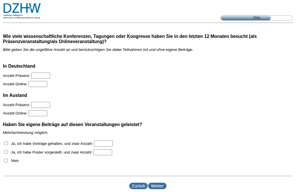 Wie viele wissenschaftliche Konferenzen, Tagungen oder Kongresse haben Sie in den letzten 12 Monaten besucht (als Präsenzveranstaltung/als Onlineveranstaltung)?,In Deutschland , Kein Fragetext vorhanden , Im Ausland , Haben Sie eigene Beiträge auf diesen Veranstaltungen geleistet?