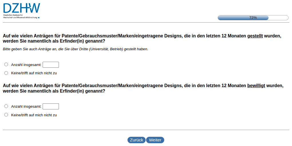 Auf wie vielen Anträgen für Patente/Gebrauchsmuster/Marken/eingetragene Designs, die in den letzten 12 Monaten gestellt wurden, werden Sie namentlich als Erfinder(in) genannt? , Auf wie vielen Anträgen für Patente/Gebrauchsmuster/Marken/eingetragene Designs, die in den letzten 12 Monaten bewilligt wurden, werden Sie namentlich als Erfinder(in) genannt?