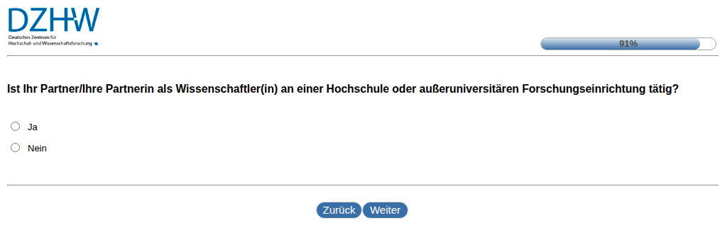 Ist Ihr Partner/Ihre Partnerin als Wissenschaftler(in) an einer Hochschule oder außeruniversitären Forschungseinrichtung tätig?