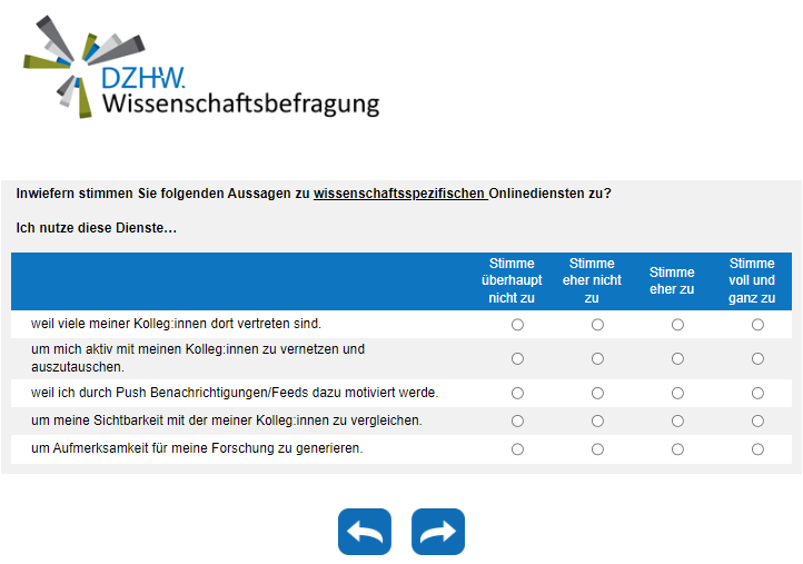 Inwiefern stimmen Sie folgenden Aussagen zu wissenschaftsspezifischen Onlinediensten zu? Ich nutze diese Dienste…