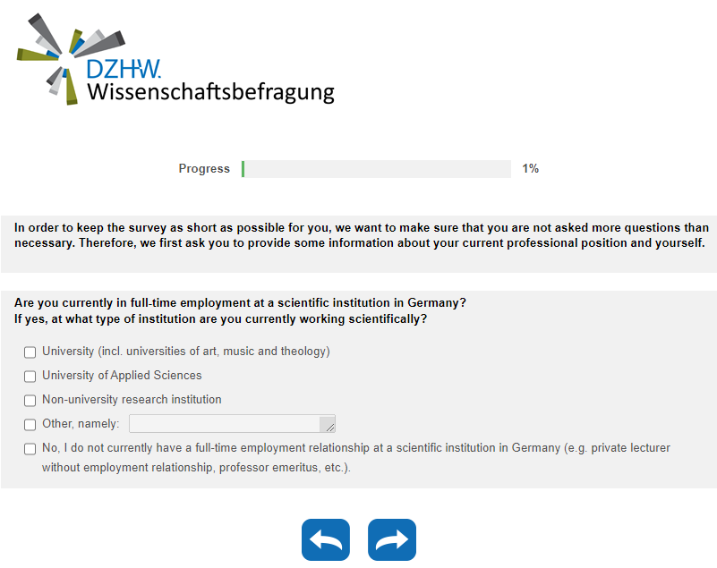 Are you currently in full-time employment at a scientific institution in Germany? If yes, at what type of institution are you currently working scientifically?