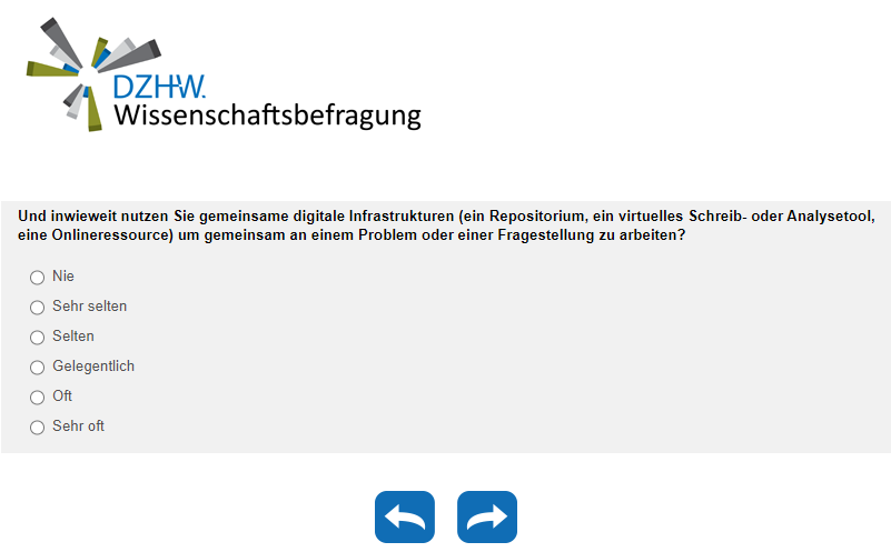 Und inwieweit nutzen Sie gemeinsame digitale Infrastrukturen (ein Repositorium, ein virtuelles Schreib- oder Analysetool, eine Onlineressource) um gemeinsam an einem Problem oder einer Fragestellung zu arbeiten?