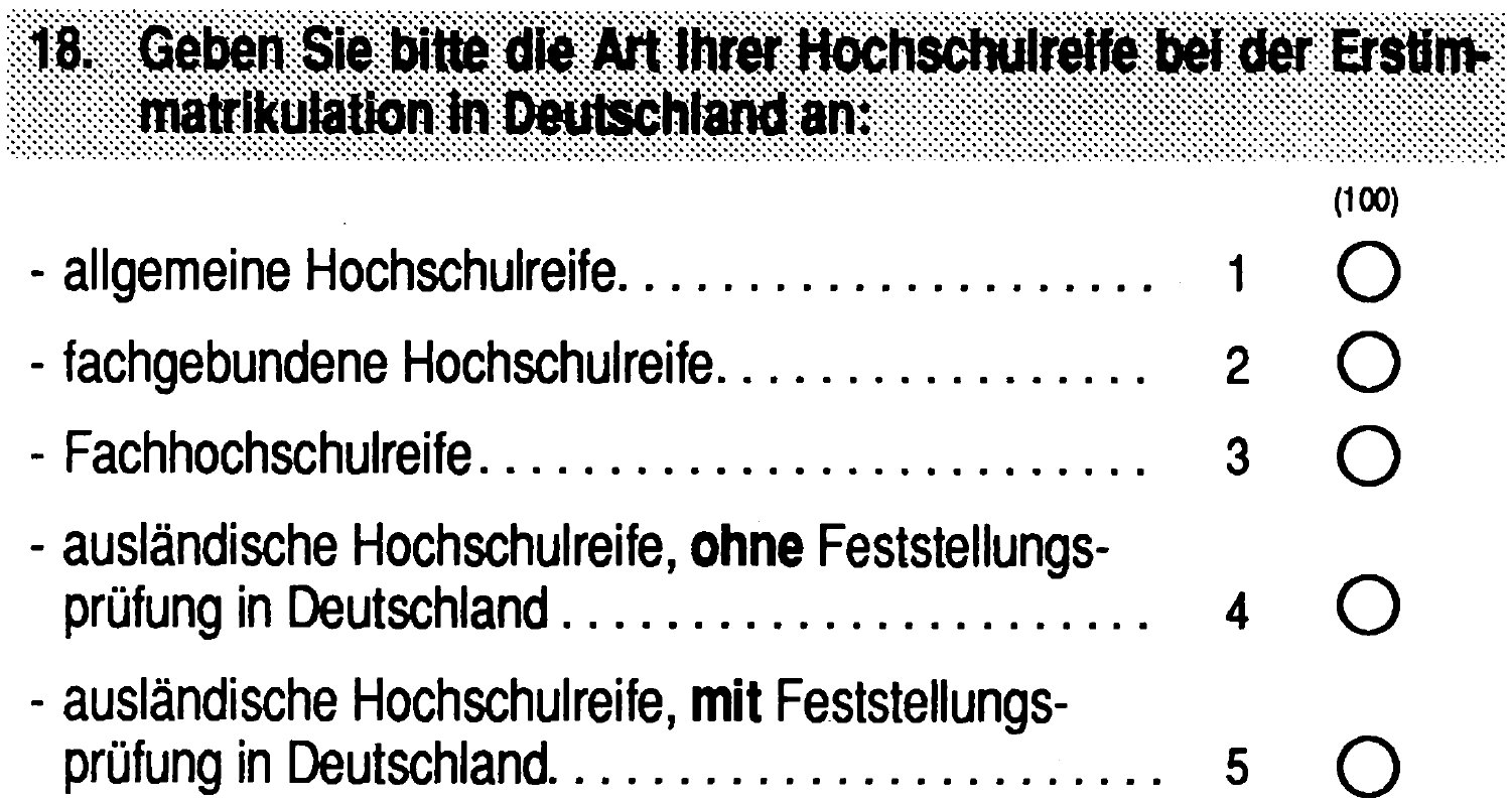 Geben Sie bitte die Art Ihrer Hochschulreife bei der Erstimmatrikulatlon in Deutschland an: