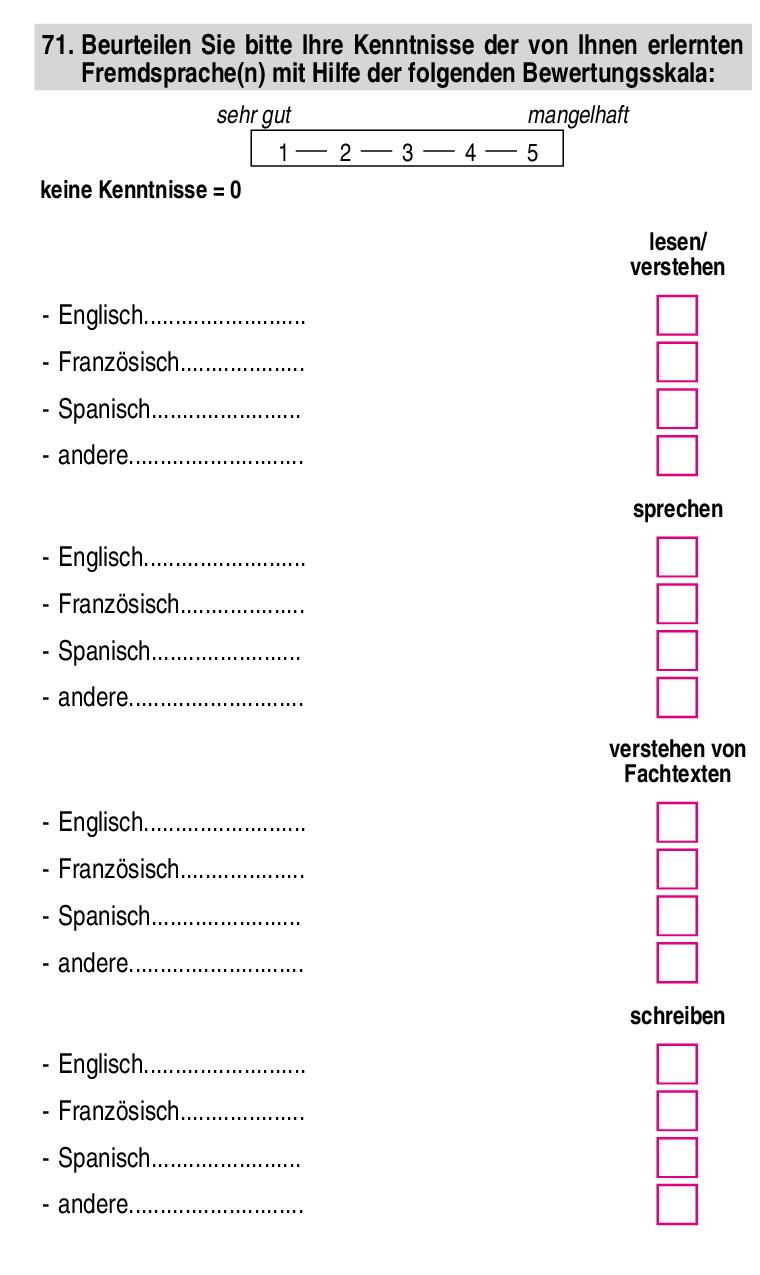 Beurteilen Sie bitte Ihre Kenntnisse der von Ihnen erlernten Fremdsprache(n) mit Hilfe der folgenden Bewertungsskala: