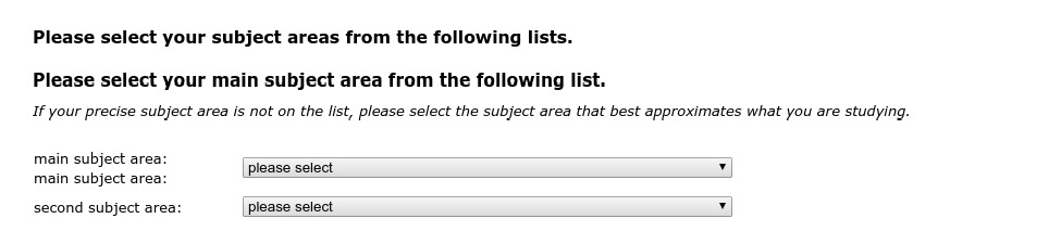 Please select your subject areas from the following lists.,Please select your main subject area from the following list.