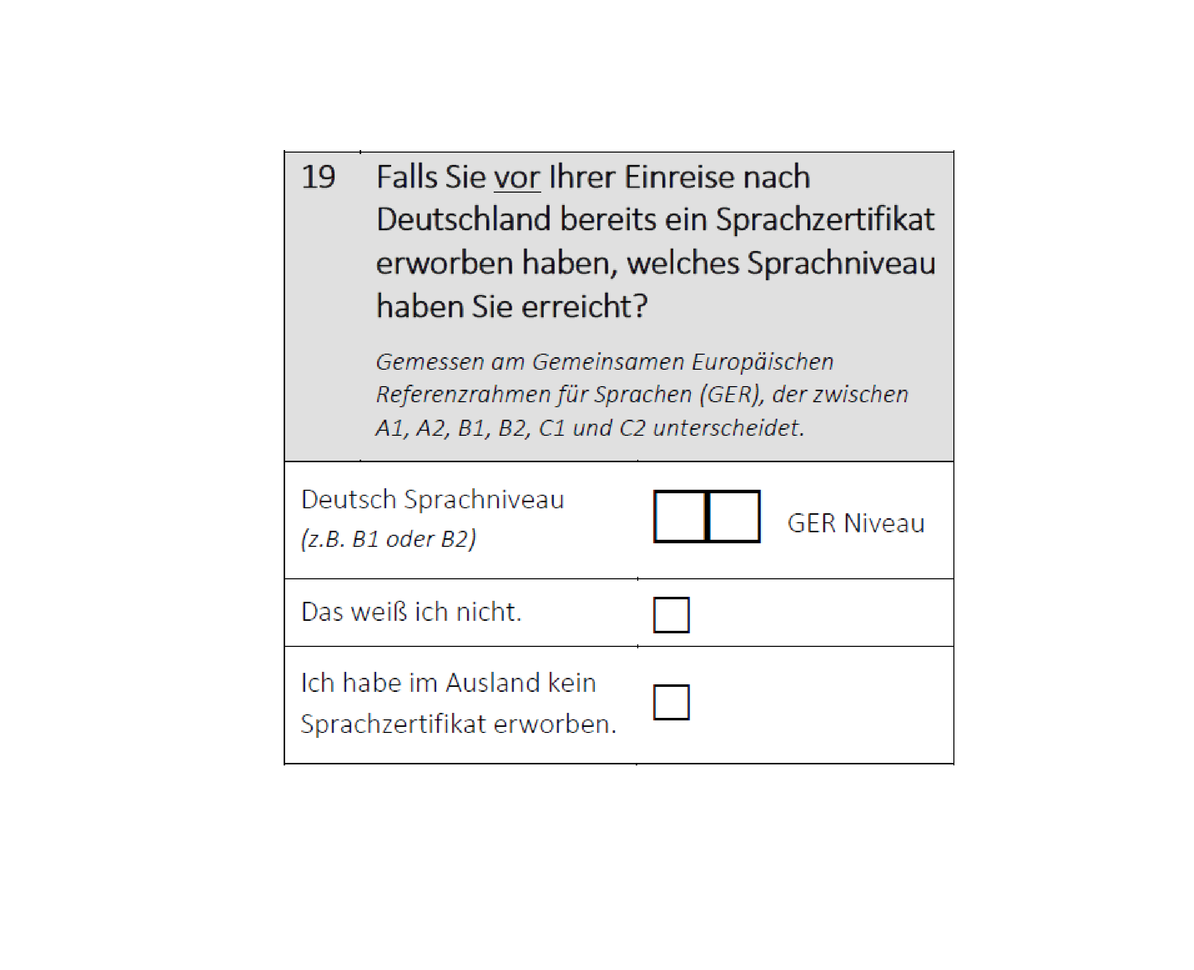 Falls Sie vor Ihrer Einreise nach Deutschland bereits ein Sprachzertifikat erworben haben, welches Sprachniveau haben Sie erreicht?