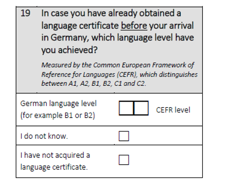 In case you have already obtained a language certificate before your arrival in Germany, which language level have you achieved?