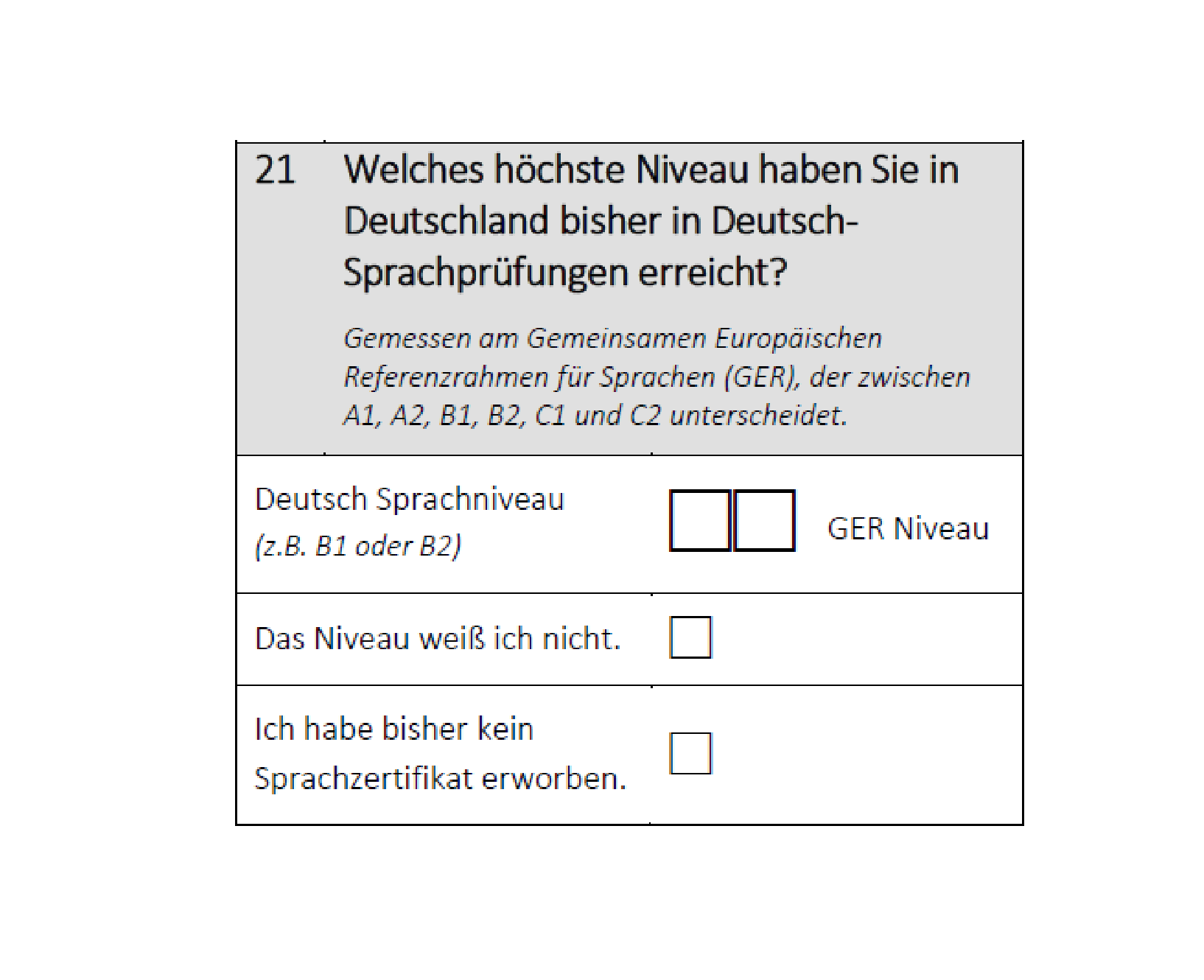 Welches höchste Niveau haben Sie in Deutschland bisher in Deutsch-Sprachprüfungen erreicht?
